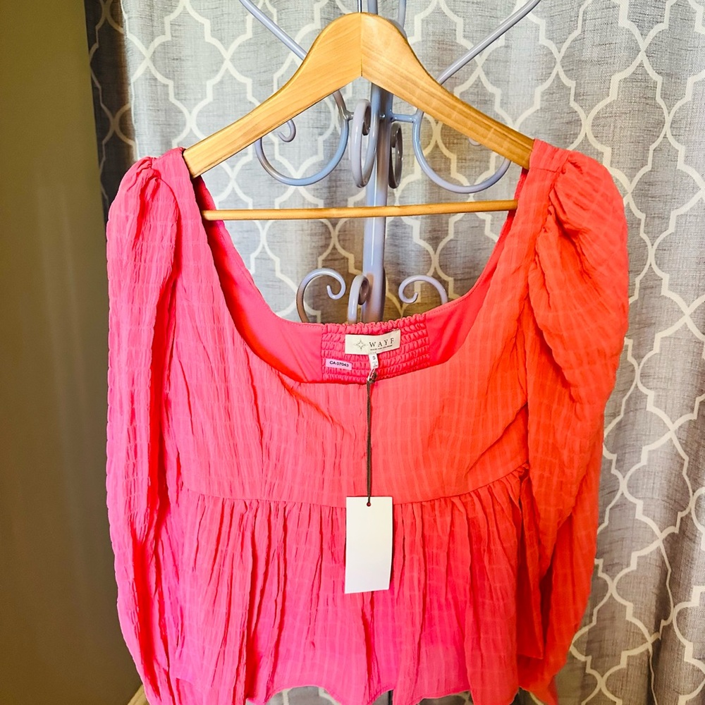 #🌻173 BWT Wayf Pink Smocked Peplum Blouse 3/4 Sleeve